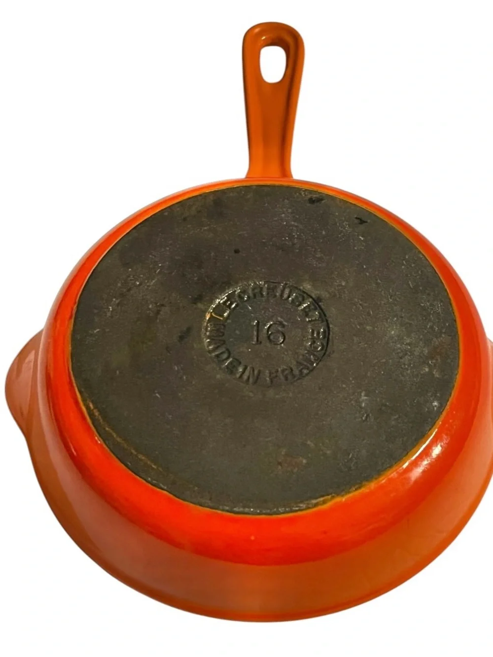Le Creuset Orange flame Enamel Cast Iron Sm Skillet #16 France Double Spout 6”
